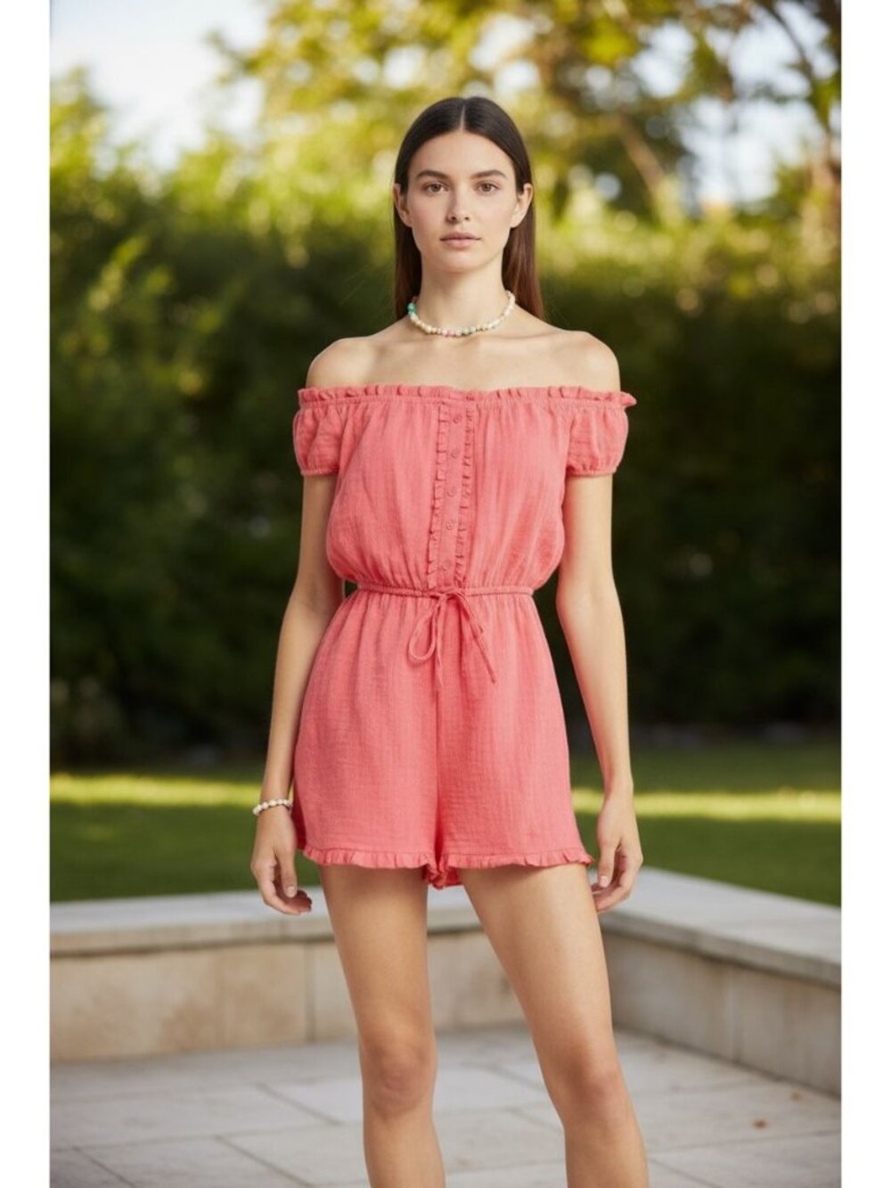 BP. Coral Off-Shoulder Button-Front Ruffle Romper XXS